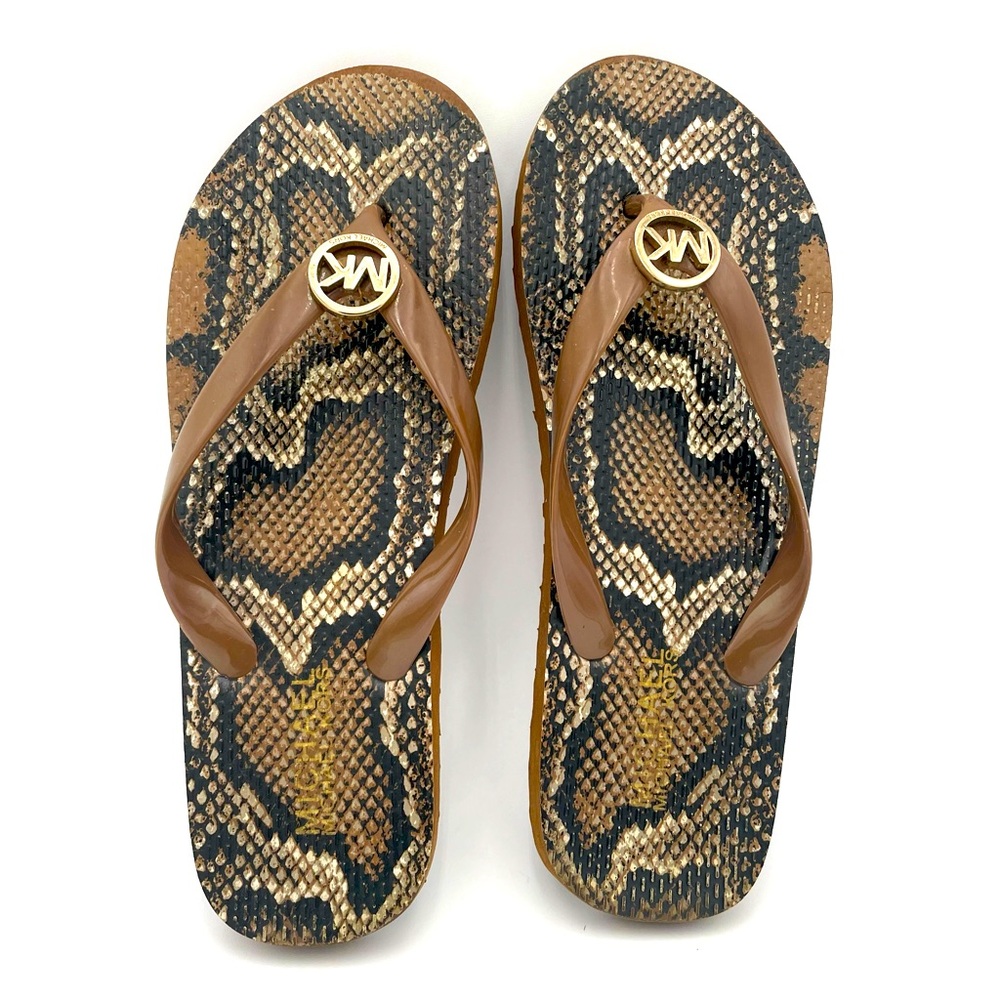 Michael Kors Brown Signature Logo Thongs Flip Flop Sandals Snake Pri…